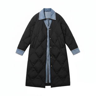 大码女装黑色保暖羽绒棉服女冬季胖mm假两件拼接设计中长款厚外套