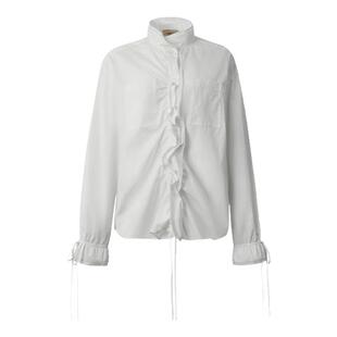 CISSONNE赛颂通勤风双层波浪边柔糯立领花边抽褶70支长绒棉衬衫