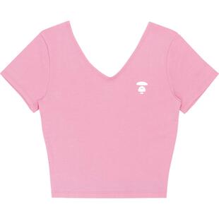 Aape旗舰店女装猿人图案印花纯色V领修身短袖T恤0963XXI