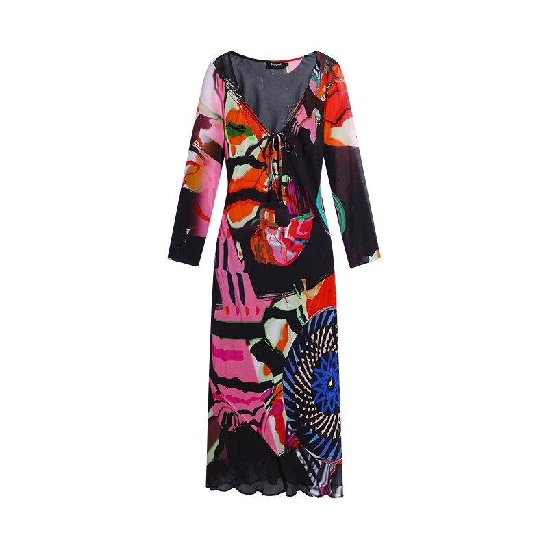 【LACROIX联名】Desigual26秋冬新品涂鸦印花V领雪纺含内衬连衣裙