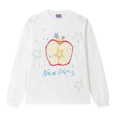 江南先生NewJNXS苹果刺绣长袖T恤男女速干抗菌纯棉宽松休闲上衣秋