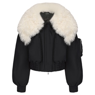 GIMING韩系黑色羊毛皮翻领短款鸭绒羽绒服秋冬短款外套女士小个子