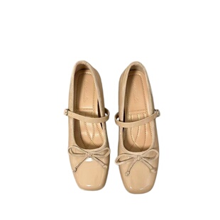 牛皮版~内增高玛丽珍鞋女2025新款蝴蝶结方头粗跟小个子浅口单鞋