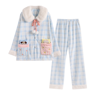 侘町2025秋冬新款蓝格星星被法兰绒卡通睡衣套装女加绒加厚家居服