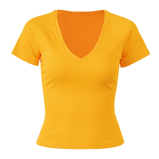 call it a day 花灰色/黄色V领修身短款T恤女简约显瘦短袖上衣夏
