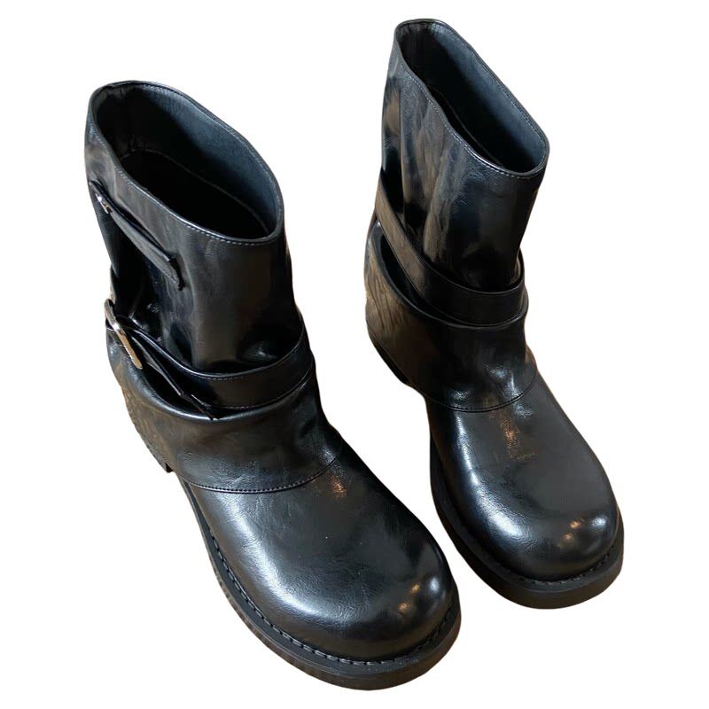 真皮女短靴中筒堆堆马丁靴跟5cm