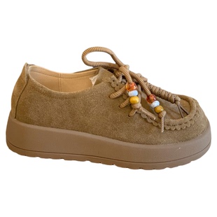 系带厚底勃肯鞋复古磨砂绒面乐福鞋2025秋季超火时尚串珠大头单鞋