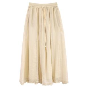 绿素棉 镂空100支苎麻半身裙女 夏装新款 高腰显瘦A字型双层长裙