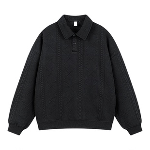 悟空有货美式复古肌理菱格长袖polo衫男秋季简约宽松百搭翻领卫衣