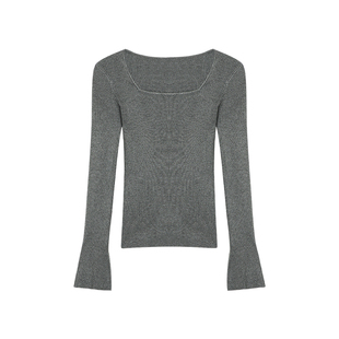 pusumede 舒适专线 黑色方领长袖针织衫女修身显瘦内搭打底上衣