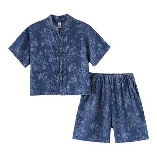 砚台家新中式男童夏装套装国风牛仔立领衬衫短裤两件套儿童薄短袖