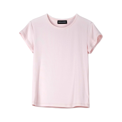 粉色高级针织大V领短袖高弹修身T