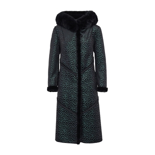 马天奴女装秋冬新款黑色印花毛领连帽金貂绒大衣保暖长款外套时尚