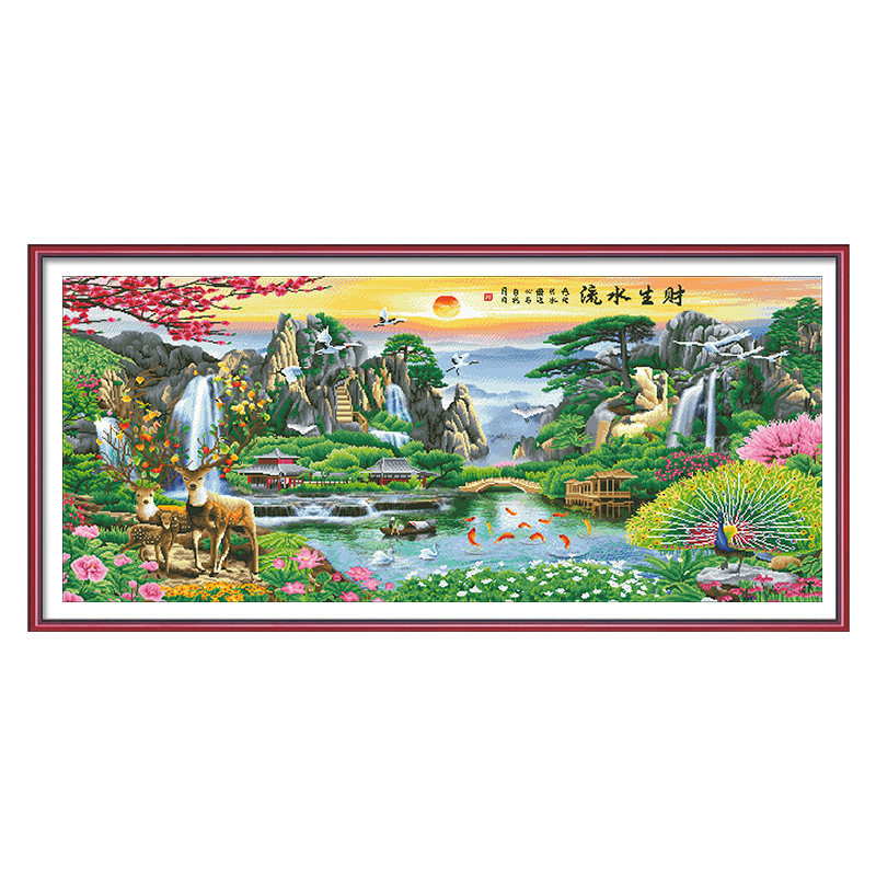 风景山水流水生财麋鹿孔雀大格满