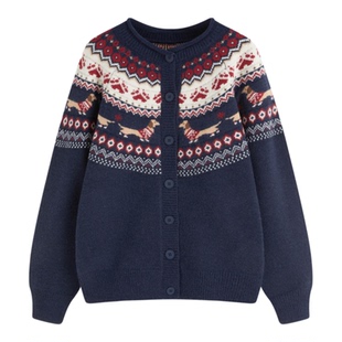 CIDER新品针织复古费尔岛犬印花圆领保暖宽松开衫毛衣115053482