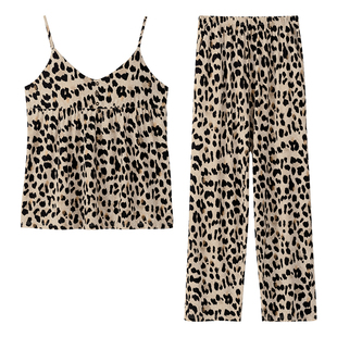 贝妍美式复古豹纹睡衣女夏季薄款性感吊带胸垫长裤莫代尔棉家居服