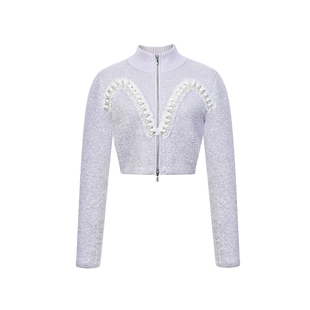 lefame拉飞姆优雅复古街头铆钉紫色针织开衫上衣