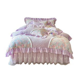 高档婴儿绒拼兔兔绒夹棉床裙款四件套加厚床罩牛奶绒绒被套保暖绒