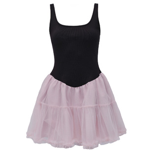 【现货】易碎商店·黑粉撞色飘带吊带连衣裙无袖拼接网纱蓬蓬裙