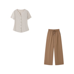 XWI欣未通勤百搭肌理拼色休闲套装女2026夏季V领T恤阔腿裤两件套