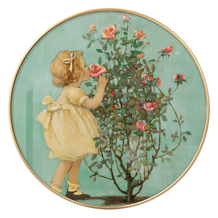 玫瑰女孩复古圆形装饰画餐厅卧室儿童房挂画治愈系客厅背景墙壁画