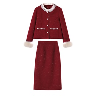 红色小香风套装女秋冬轻奢高级感钉珠气质名媛羊毛呢羽绒服两件套