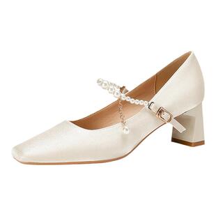 法式绸缎面粗跟玛丽珍方头单鞋女高跟鞋主婚纱婚鞋新娘鞋日常可穿