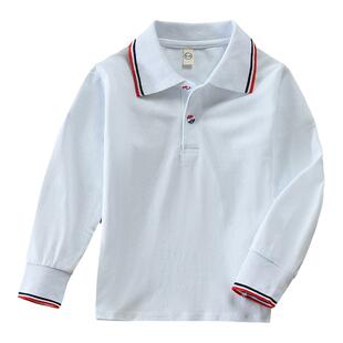 儿童POLO衫春夏款纯棉长袖T恤白色浅蓝学生校服园服男女生演出服