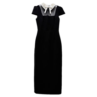 绣花钉珠翻领大方得体气质名媛风修身黑色连衣裙高级感超好看长裙