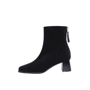 大尧大美丽瘦瘦靴5cm方头粗跟女冬季新款绒面拉链软底短靴6326