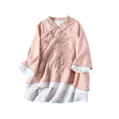 盘扣绣花七分袖茶服女