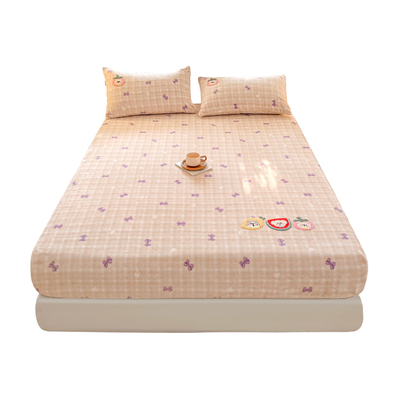 冬天格子蝴蝶结毛巾绣牛奶绒床笠单件加厚珊瑚绒法兰绒床垫保护套