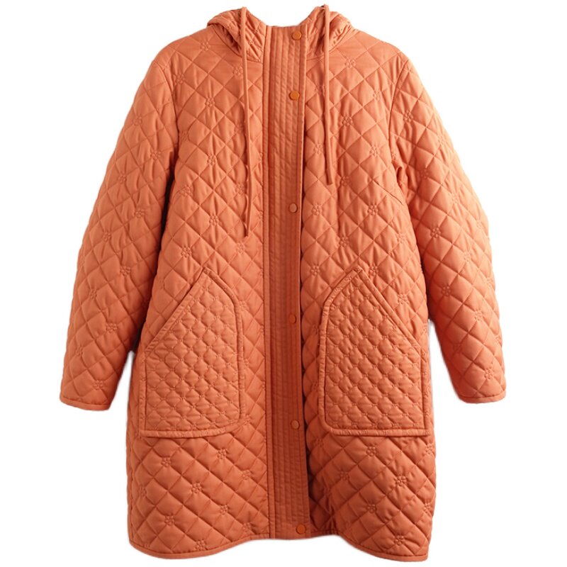胖太太棉服中长款连帽贴兜