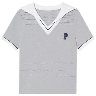 PSALTER诗篇醋酸棉海军领V领两件式短袖针织T恤衫女2025夏款