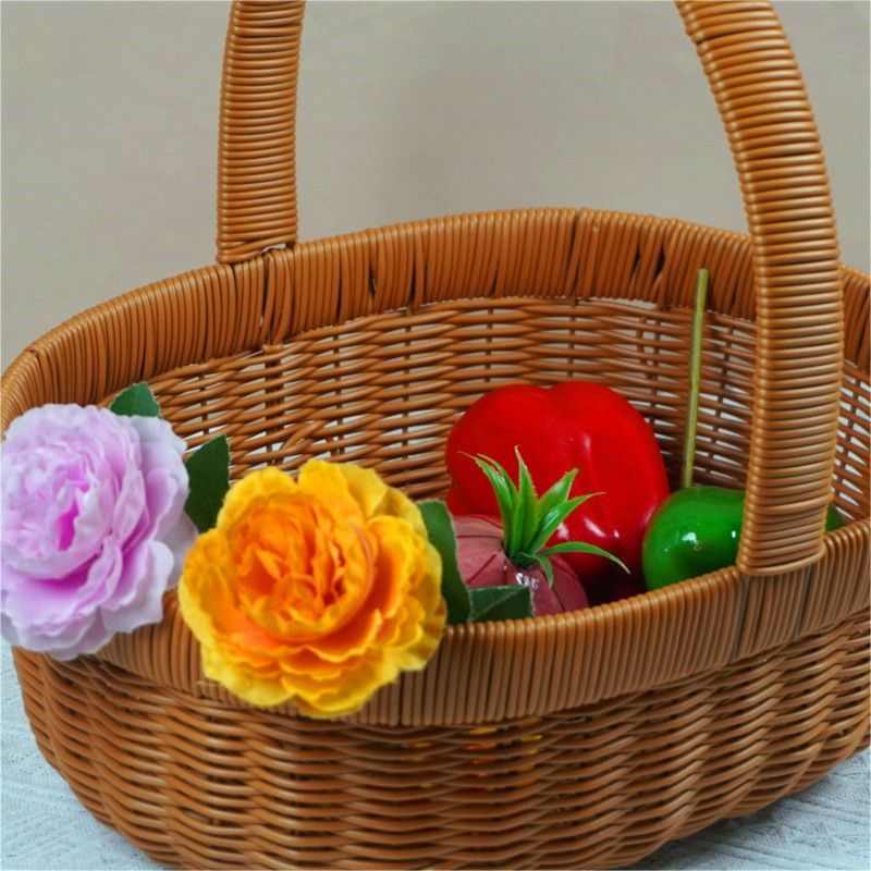 仿藤塑料编织提手野餐篮零食篮仿藤篮购物篮菜篮采摘果篮子果蔬篮