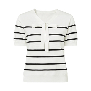 马天奴女装春夏新款黑白条纹V领飘带针织衫短袖毛衫小衫上衣女
