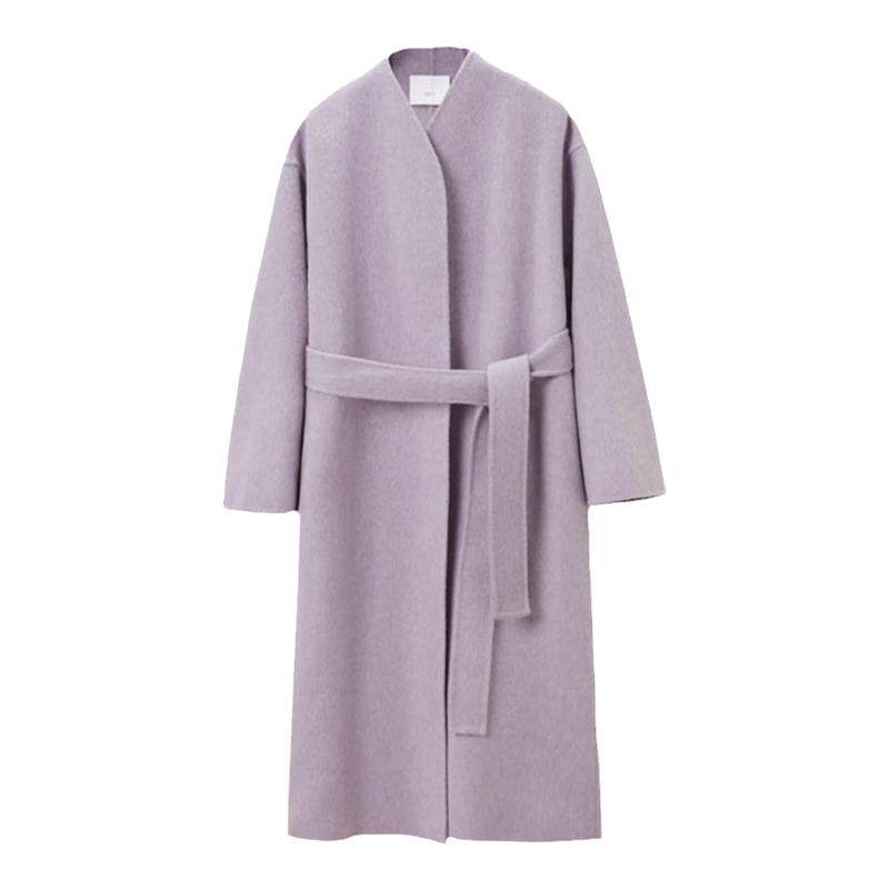 OVV秋冬新款女装杂花羊毛羊驼混纺随附腰带装饰长款大衣