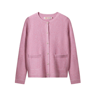 皮皮狗秋冬新款圆领羊绒双股加厚开衫撞色手绣工艺羊绒针织女外套