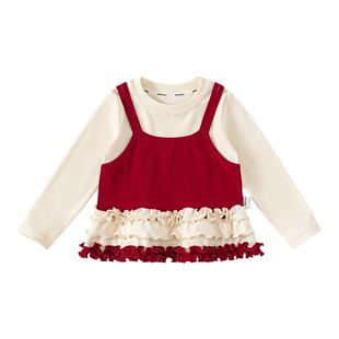 女童上衣春季女宝长袖t恤2026新款春装女宝宝红色假两件新年衣服