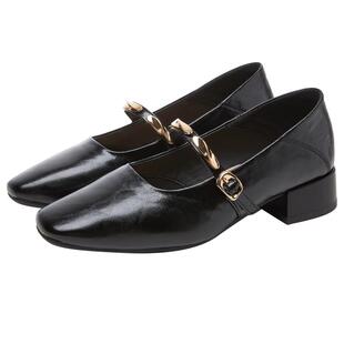 里奥莎莎浅口玛丽珍鞋女2026春季真皮金属扣复古时尚粗跟妈妈单鞋