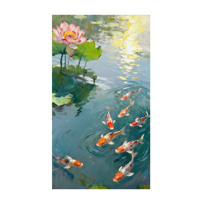 荷花九鱼图客厅沙发纯手绘油画