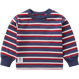 JUZI STORE童装纯棉细腻粗针基本款条纹长袖T恤中性男女童1113001