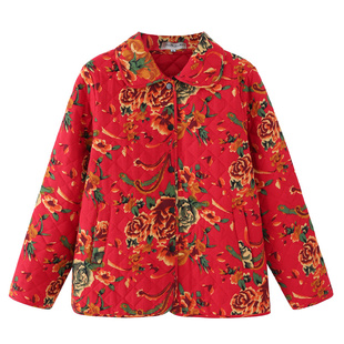 大码女装冬季新款东北风大花棉服翻领长袖时尚潮流民族风外套棉袄