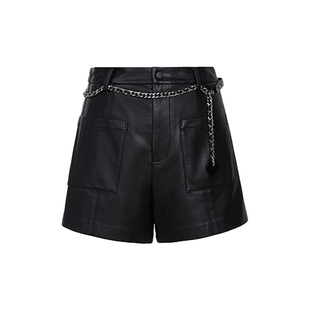 FIVE PLUSPU皮短裤女休闲裤高腰阔腿显瘦黑色裤子女冬装