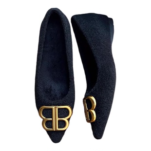 冬季加绒小个子5CM内增高尖头浅口单鞋女金属b方扣保暖毛毛平底鞋