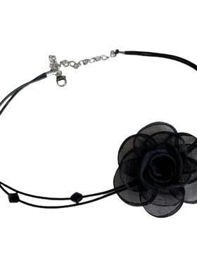 显脸小肤白 复古名媛小香风项链脖子修长 蜡绳串珠黑玫瑰锁骨链