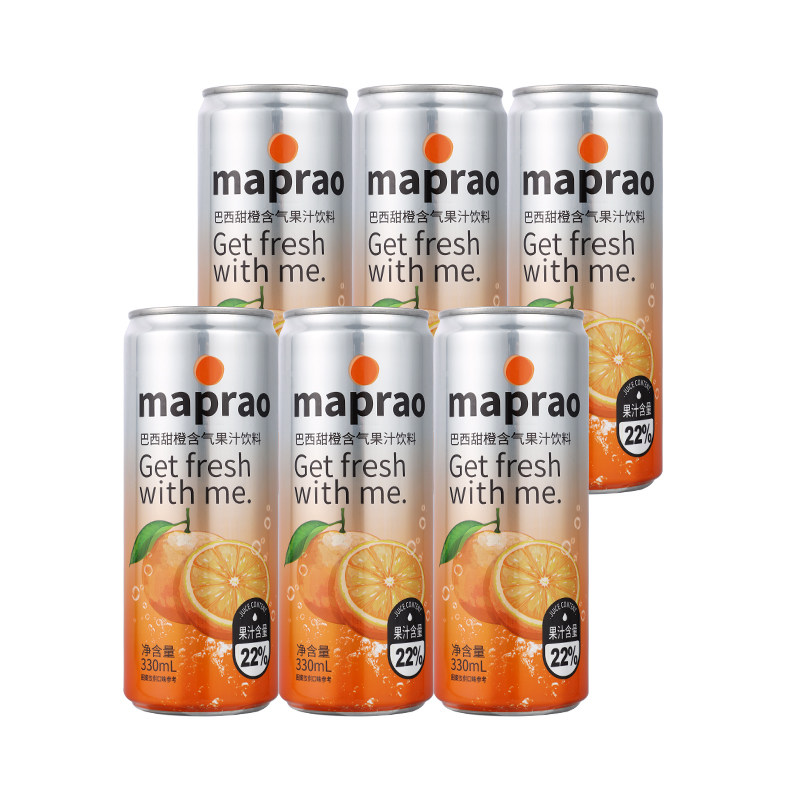 maprao橙汁果汁气泡水碳酸饮料户外露营饮品6瓶