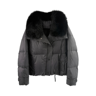 冬季皮草羽绒服女士款短款收腰脱卸狐狸毛领加厚黑色显瘦时尚外套