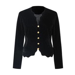 Ching's丝绒收腰玫瑰扣短外套 法式复古优雅荷叶波浪边夹克上衣春