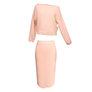 【现货6折】THE SWAN司凰轻奢 优雅套装羊毛一字肩针织上衣半身裙